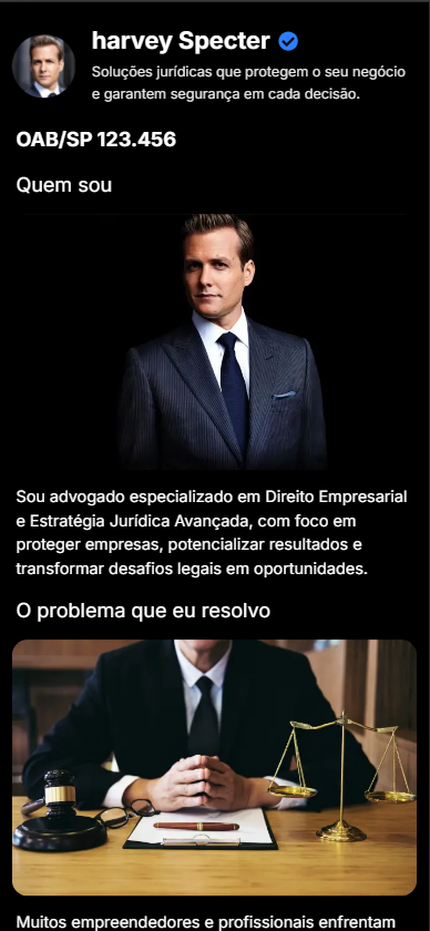 Exemplo 1 de página profissional criada com Tônabio - Design responsivo para mobile com catálogo de produtos e links personalizados